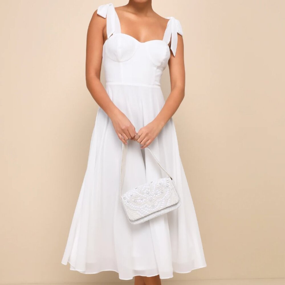 NWT Lulu's Sophisticated Charisma White Tie-Strap A-Line Midi Dress